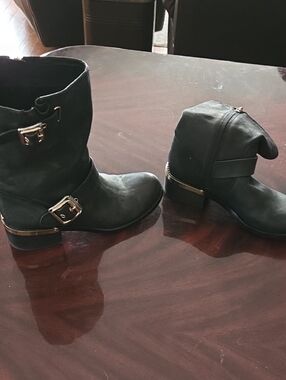 Vince Camuto Black Leather Ankle Boots with Gold Hardware